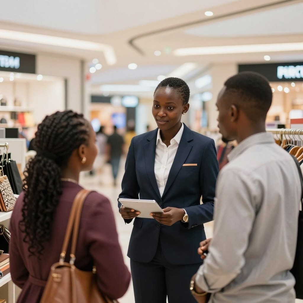 Ugandan retail worker in Middle Eastern shopping mall