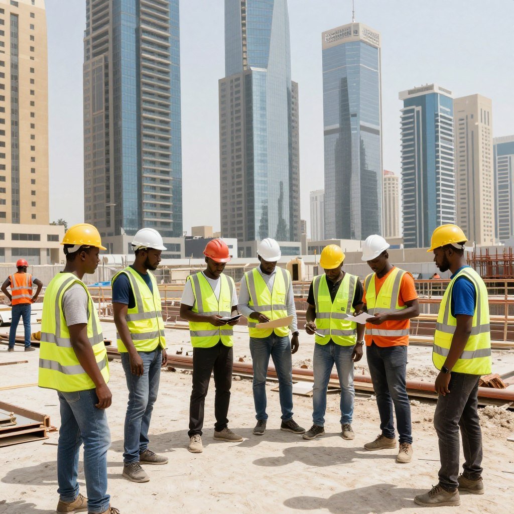 Ugandan construction workers at Middle East project site