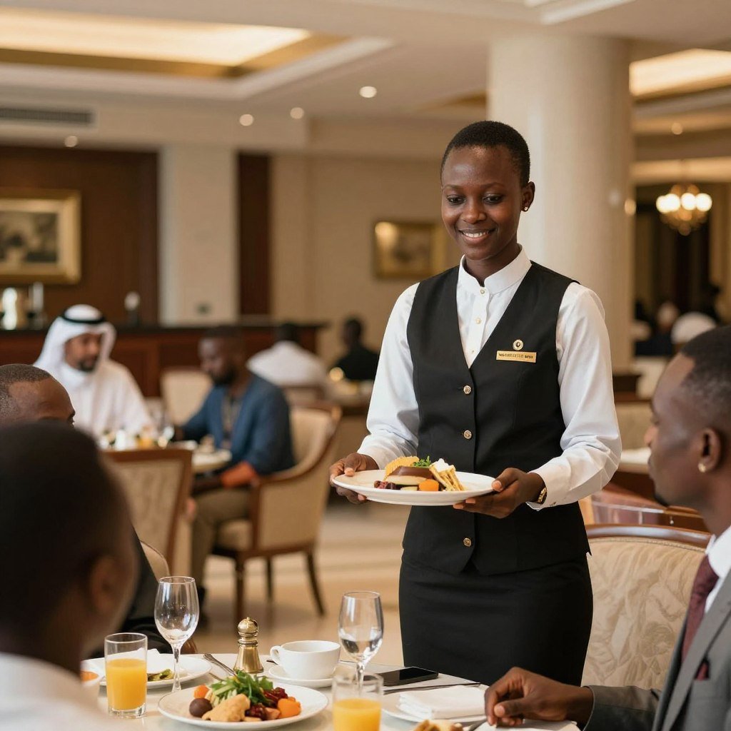 Ugandan hospitality staff working in Middle Eastern hotel