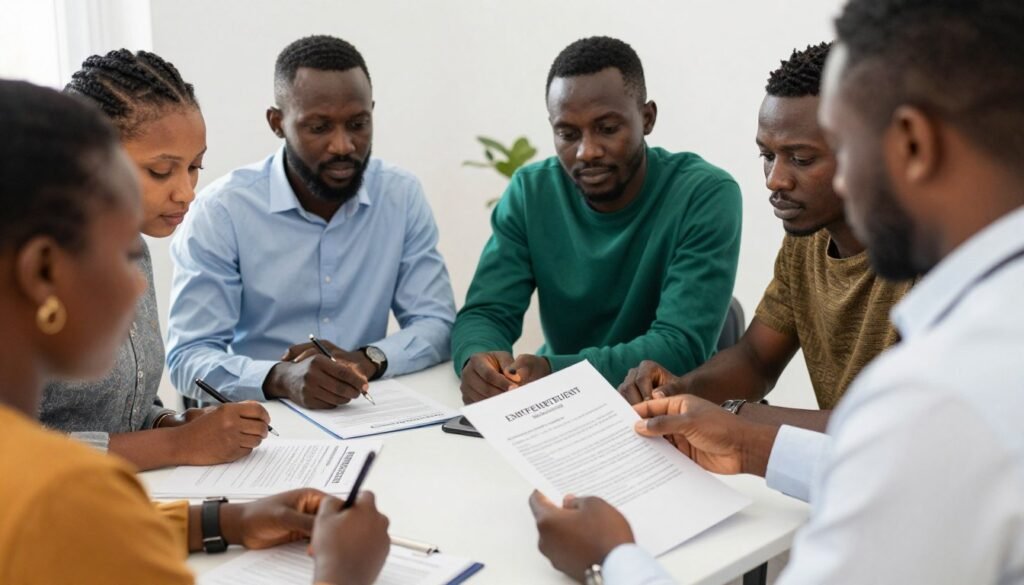 Ugandan workers reviewing Middle East employment contracts